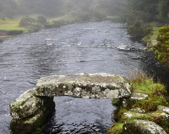 Medieval clapper  bridge at Bellever in fog, 12 x 8 inch photographic print.