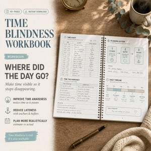 May include: A Time Blindness Workbook, open to reveal planning pages. The cover text reads "Time Blindness Workbook" and "Where Did The Day Go?" with bullet points about time management. A pen and coffee cup are also visible on a wooden surface.