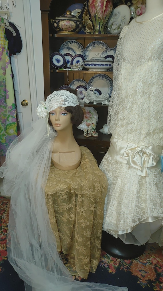 1920 style ivory bridal gown and 1920 style headpiece sz 14-16