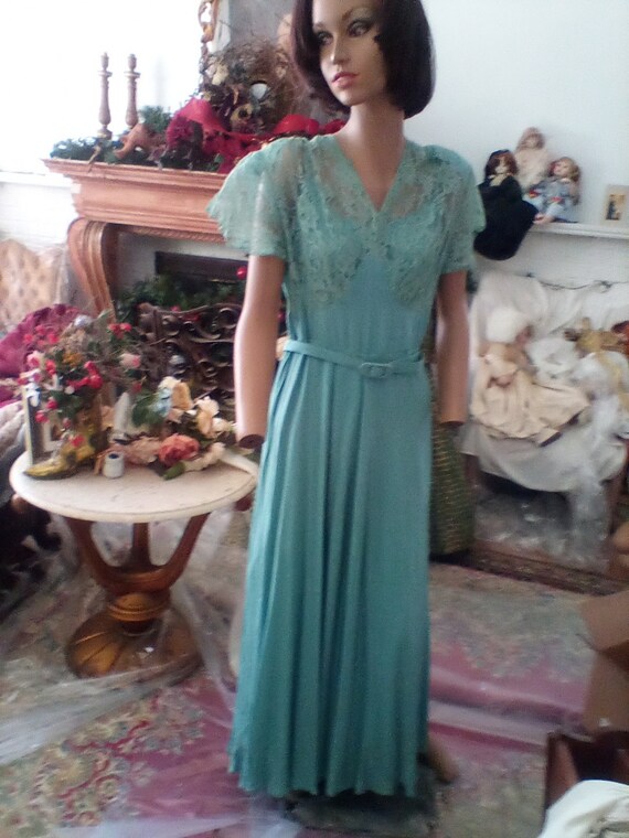1940 teal crepe long dress size approx 10 - image 2