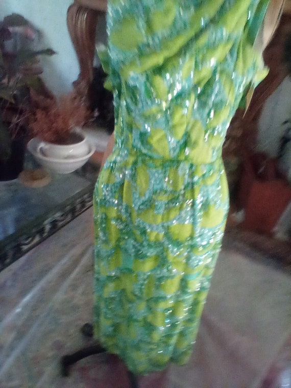 1950 aqua and lime green print dress size 5 pat s… - image 1