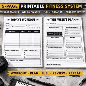 May include: A 5-page printable fitness system with workout tracker, weekly planner, and progress review. Includes a black water bottle, two 15-pound dumbbells, and a small succulent plant. The text reads "Stay on Track, Build Strength, See Progress."