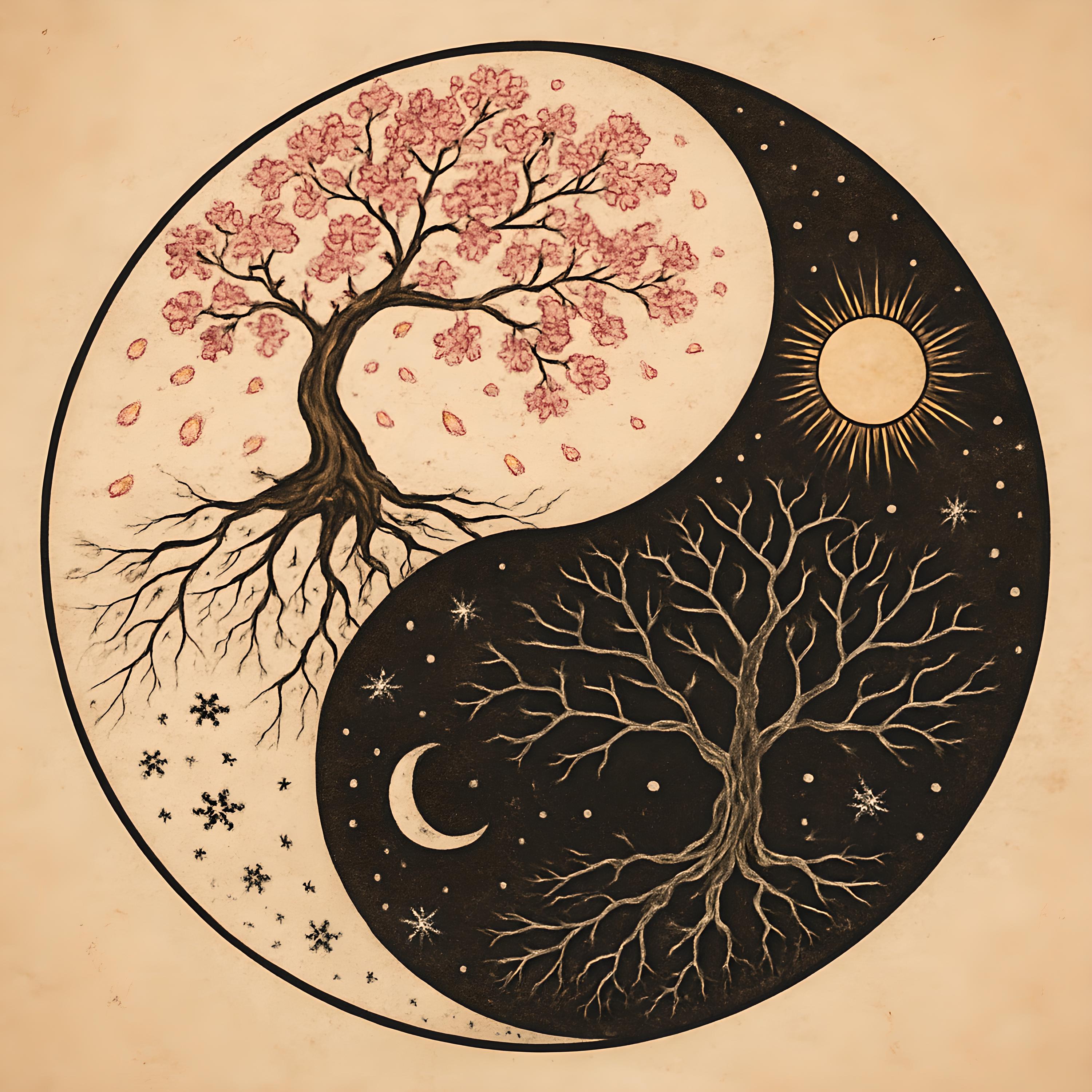 Cherry Blossom Yin Yang Digital Download – Sun and Moon Wall Art