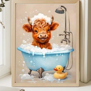 Highland Cow Bathtub PNG, Cute Farm Animal Bathroom Wall Art, Bubble Bath Cow Digital Download, Country Bathroom Decor, Boho Cow Print