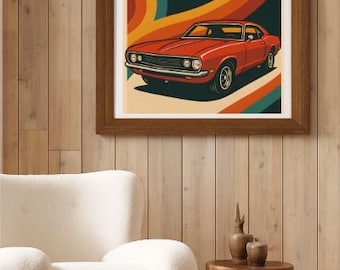 Retro Muscle Car Poster – 70s Style Digital Wall Art, Classic Car Download, Vintage Ride Print for Garage or Man Cave Decor