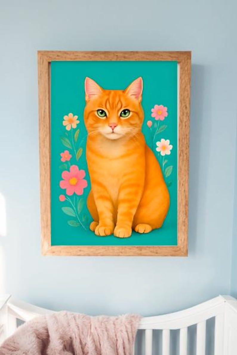 Orange Tabby Cat Wall Art Digital Download - Floral Cat Print ...