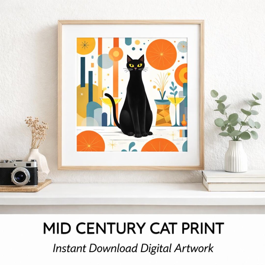 Mid Century Modern Black Cat Wall Art Printable | Retro Atomic Cat ...