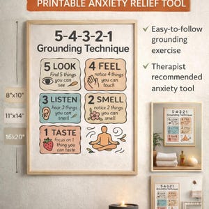 5-4-3-2-1 グラウンディングテクニックポスター | 不安軽減チャート | セラピーオフィスの壁アート | パニック発作への対処スキル | メンタルヘルス教育