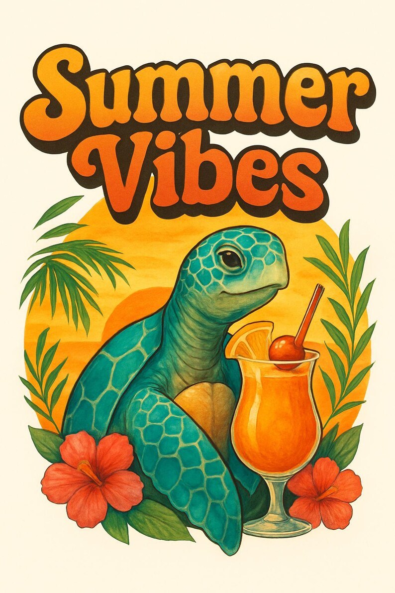 Summer Vibes Turtle PNG | Retro Beach Digital Download | Tropical Sea ...