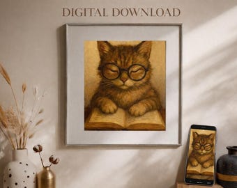 Cat Wall Art Reading Book | Cute Cat with Glasses Poster | Vintage Cat Decor for Book Lovers | Funny Cat Print Digital Download | Cat Gift