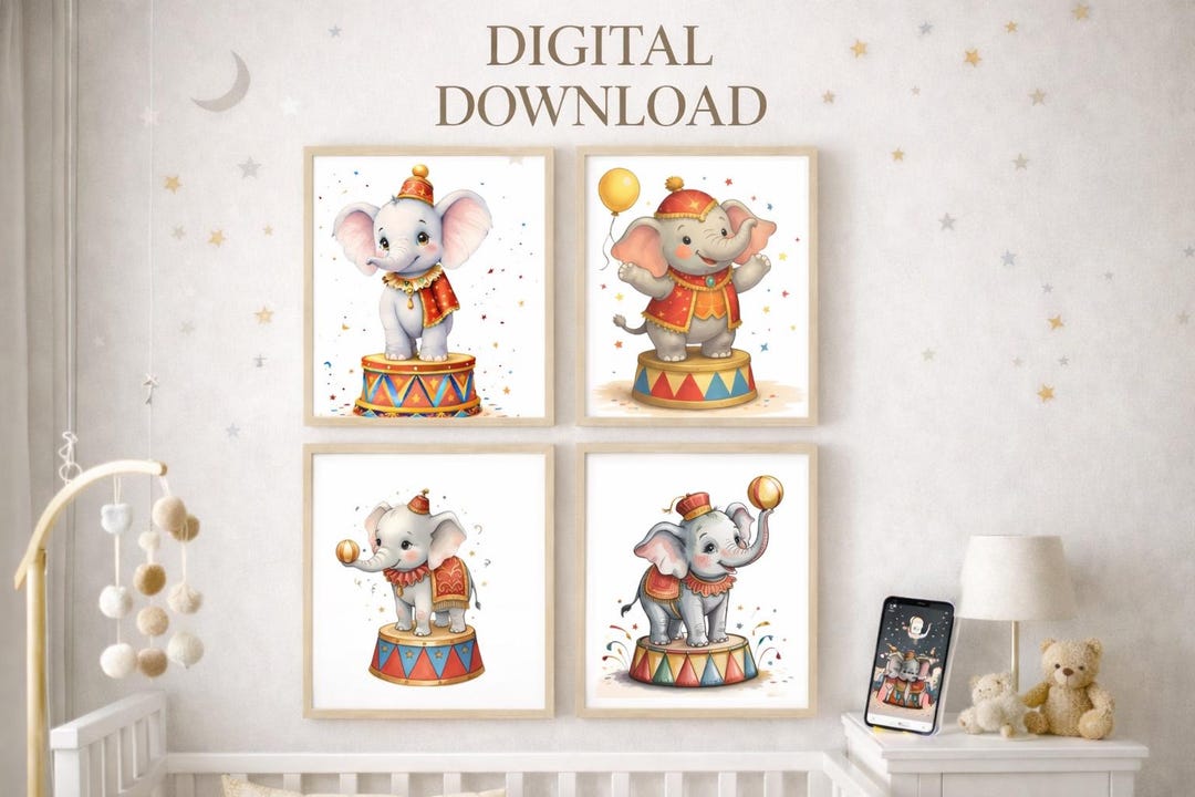 Circus Elephant Nursery Wall Art Set PNG, Printable Baby Room Decor ...