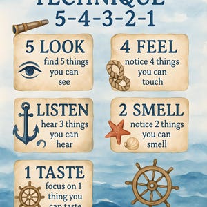 Puede incluir: Ilustración en acuarela de una guía de técnica de conexión a tierra con elementos náuticos. El texto dice "Técnica de conexión a tierra 5-4-3-2-1" con instrucciones para mirar, sentir, escuchar, oler y saborear. Incluye imágenes de un ojo, cuerda, ancla, estrella de mar y timón.