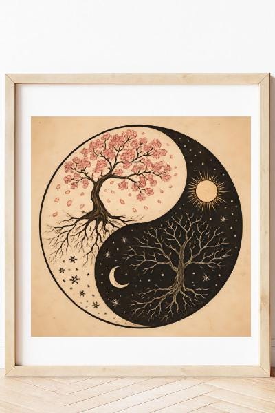 Cherry Blossom Yin Yang Digital Download – Sun and Moon Wall Art