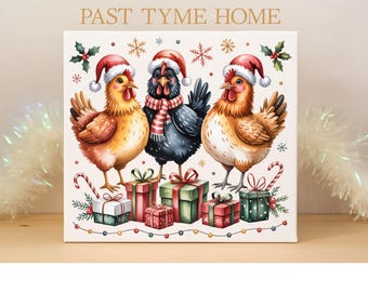 Christmas Chicken Wall Art • Farmhouse Holiday Printable • Chicken Christmas Decor • Santa Hat Chickens Digital Download • Rustic Holiday Ar