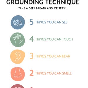 以下が含まれることがあります： 「5-4-3-2-1 GROUNDING TECHNIQUE」のテキストと、見たり、触ったり、聞いたり、匂いを嗅いだり、味わったりできるものを特定するための指示が書かれた白いポスター。各ステップは、対応するアイコンが付いた色の円で表されています。