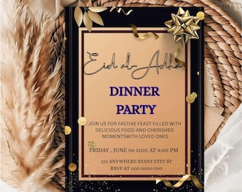 May include: An invitation card for an Eid al-Adha dinner party. The card has a black border with gold accents and text. The text includes "Eid al-Adha", "Dinner Party", and event details. Gold confetti and ribbon add to the festive design.
