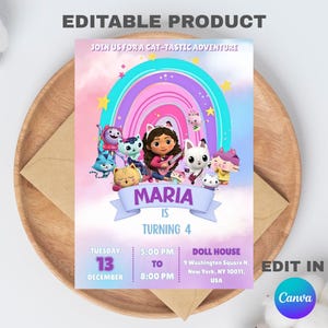 Bewerkbare sjabloon voor verjaardagsuitnodiging Gabby's poppenhuis (digitale download)