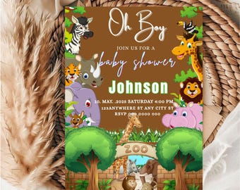 Könnte beinhalten: Babyparty-Einladung mit braunem Hintergrund und dem Text "Oh Boy" in weißer Schrift. Die Einladung zeigt Zeichentricktiere wie ein Zebra, eine Giraffe, einen Löwen und einen Elefanten. Die Einladung enthält den Namen "Johnson" und Eventdetails.