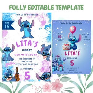 Editable Kids Birthday invitation Template For Birthday Party / Kids Birthday Invitation / Stitch Birthday Invitation Template