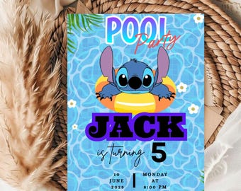 Editable Stitch Pool Birthday party Invitation Template ( 5x7 ) Digital downloadable Product