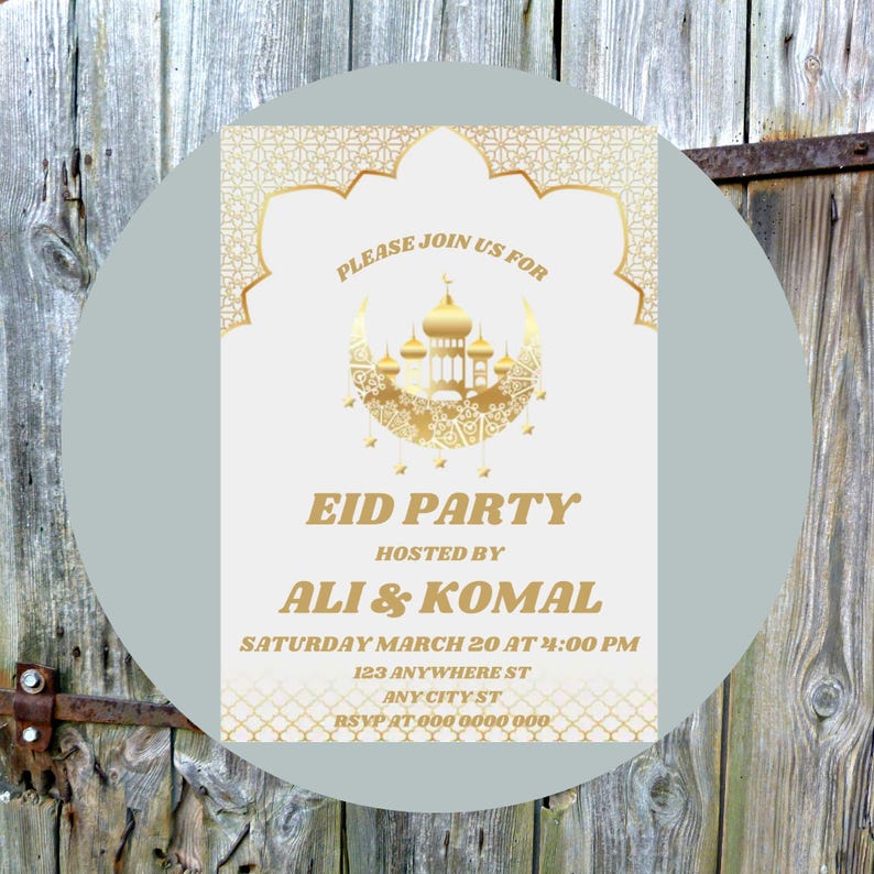 May include: Gold and white Eid party invitation with a crescent moon and mosque design. The text reads "Please join us for Eid Party hosted by Ali & Komal, Saturday March 20 at 4:00 PM, 123 Anywhere St, Any City St, RSVP at 000 0000 000".