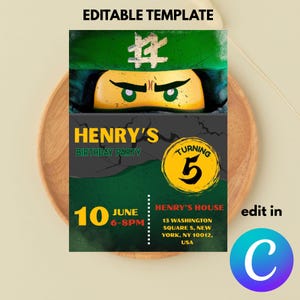 May include: A green and yellow birthday party invitation template featuring a Lego-like character. The invitation includes the text "HENRY'S BIRTHDAY PARTY", "TURNING 5", and event details. The template is designed to be edited.