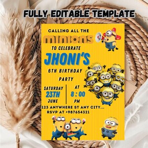 Editable Minions Birthday Invitation Template / Minions Birthday invitation Template / Kids Birthday Invitation Template