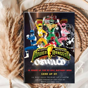 May include: A rectangular invitation featuring the Mighty Morphin Power Rangers. The design includes the Power Rangers in their signature colors, the text "Mighty Morphin Power Rangers Oswald", and event details. The background is dark with a textured effect.