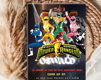 May include: A rectangular invitation featuring the Mighty Morphin Power Rangers. The design includes the Power Rangers in their signature colours, the text "Mighty Morphin Power Rangers Oswald", and event details. The background is dark with a textured effect.