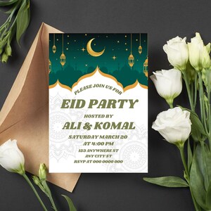 May include: A green and gold Eid party invitation with a crescent moon and stars. The invitation reads "Please join us for Eid Party hosted by Ali & Komal Saturday March 20 at 4:00 PM 123 Anywhere St Any City St RSVP at 000 0000 000".