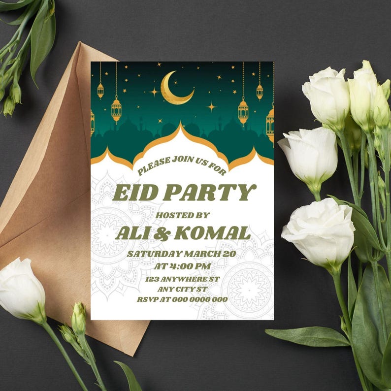 May include: A green and gold Eid party invitation with a crescent moon and stars. The invitation reads "Please join us for Eid Party hosted by Ali & Komal Saturday March 20 at 4:00 PM 123 Anywhere St Any City St RSVP at 000 0000 000".
