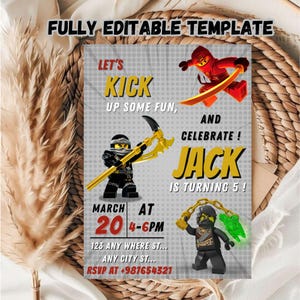 May include: A birthday party invitation featuring Lego-style ninja characters on a grey background. The text reads "LET'S KICK UP SOME FUN, AND CELEBRATE! JACK IS TURNING 5!" with date, time, and RSVP details.
