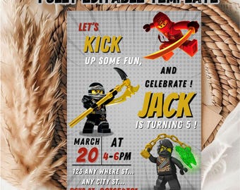 May include: A birthday party invitation featuring Lego-style ninja characters on a grey background. The text reads "LET'S KICK UP SOME FUN, AND CELEBRATE! JACK IS TURNING 5!" with date, time, and RSVP details.