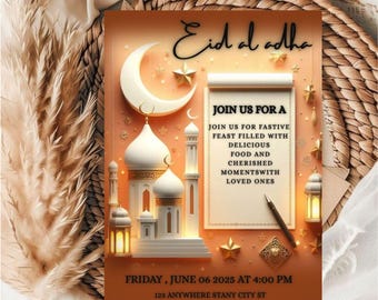 May include: An invitation card for Eid al Adha, featuring a mosque, crescent moon, and stars. The card is in shades of orange and cream, with text that reads "Eid al Adha" and details for the event.