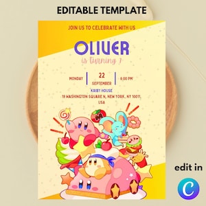 以下が含まれることがあります： 上部に「EDITABLE TEMPLATE」というテキストが入った、黄色と白の招待状テンプレート。「JOIN US TO CELEBRATE WITH US」と「OLIVER is turning 1」と書かれています。日付、時間、場所が含まれています。カラフルな漫画のキャラクターが下部を飾っています。