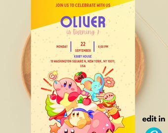 May include: A yellow and white invitation template with the text "EDITABLE TEMPLATE" at the top. The invitation reads "JOIN US TO CELEBRATE WITH US" and "OLIVER is turning 1". It includes the date, time, and location. Colourful cartoon characters decorate the bottom.