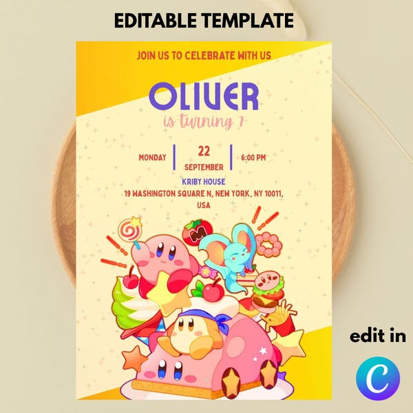 Plantilla de invitación editable para fiesta de cumpleaños de Kirby (5x7) Producto descargable digitalmente