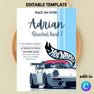 Pode incluir: Um modelo de convite com o tema Hot Wheels em branco e azul. O design inclui um carro de corrida estilizado, o logotipo Hot Wheels e detalhes do evento. O texto inclui "Adrian", "Reached level 7" e informações do evento.