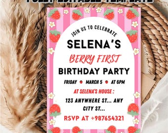 Editable Berry First Birthday Invitation Template (5x7 Digital Download)