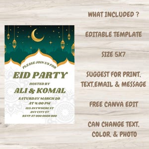 May include: An editable Eid party invitation template with a green and gold design featuring a crescent moon and lanterns. The text reads "Please join us for Eid Party hosted by Ali & Komal, Saturday March 20 at 4:00 PM, 123 Anywhere St, Any City St, RSVP at 000 0000000".