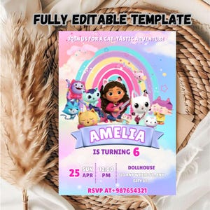 Plantilla de invitación de cumpleaños de la casa de muñecas de Gabby editable / Plantilla de invitación de cumpleaños de la casa de muñecas de Gabby para niños / Invitación de cumpleaños para niños