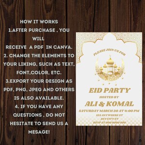 May include: A white and gold Eid party invitation with a crescent moon and mosque design. The text reads "Please join us for Eid Party hosted by Ali & Komal, Saturday March 20 at 4:00 PM, 123 Anywhere St, Any City ST, RSVP at 000 0000 000".