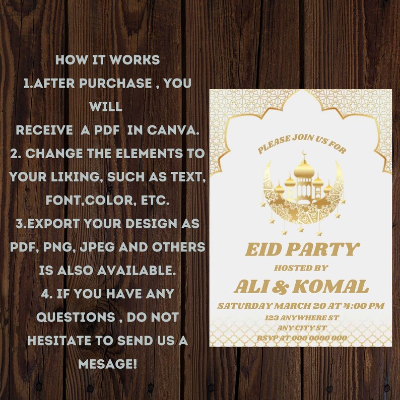 May include: A white and gold Eid party invitation with a crescent moon and mosque design. The text reads "Please join us for Eid Party hosted by Ali & Komal, Saturday March 20 at 4:00 PM, 123 Anywhere St, Any City ST, RSVP at 000 0000 000".