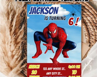 Plantilla editable de invitación de cumpleaños de Spiderman: Canva DIY (5x7) (Descarga digital)