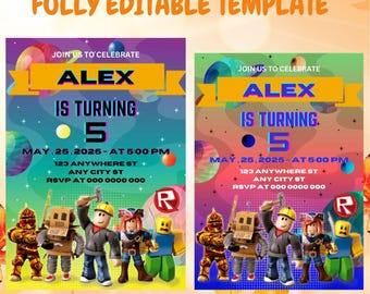 May include: A colorful invitation for a 5th birthday party with a Roblox theme. The invitation features a blue, purple, and pink background with planets and stars. The text "JOIN US TO CELEBRATE ALEX IS TURNING 5" is in yellow and black. The date and time of the party are listed below, along with the address and RSVP information. The bottom of the invitation features a group of Roblox characters, including a builder, a knight, and a robot.