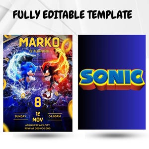 Modelo de convite de aniversário do Sonic editável / Modelo de convite de aniversário do Sonic para crianças / Modelo de convite de aniversário infantil