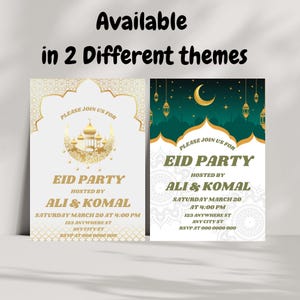 May include: Two printable Eid party invitations with different designs. The first invitation features a gold crescent moon and mosque design on a white background. The second invitation has a green background with a gold crescent moon and lanterns. Both invitations include the text "Please join us for Eid Party hosted by Ali & Komal" and provide the date, time, and RSVP information.