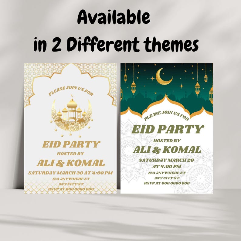 May include: Two printable Eid party invitations with different designs. The first invitation features a gold crescent moon and mosque design on a white background. The second invitation has a green background with a gold crescent moon and lanterns. Both invitations include the text "Please join us for Eid Party hosted by Ali & Komal" and provide the date, time, and RSVP information.