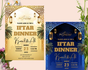 Op de afbeelding: Twee printbare Ramadan Iftar-dineruitnodigingen met gouden en blauwe accenten. De uitnodigingen tonen een sierlijke boog met hangende lantaarns, palmbomen en de Arabische tekst "Ramadan Kareem". De tekst op de uitnodigingen luidt "Wordt u uitgenodigd voor een Iftar-diner" en bevat de namen "Kamal & Ali", de datum "23 maart 2025", de tijd "17:00 uur" en het adres "123 Anywhere St, Any City St".