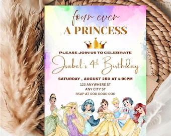 Bewerkbare sjabloon verjaardagsuitnodiging prinses (digitale download)